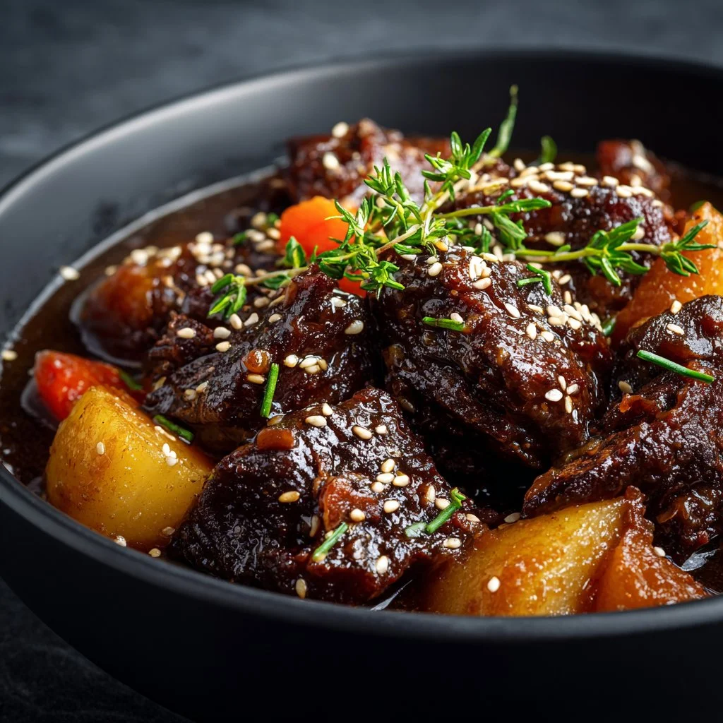 Delicious Korean Style Pot Roast served with vegetables and rice