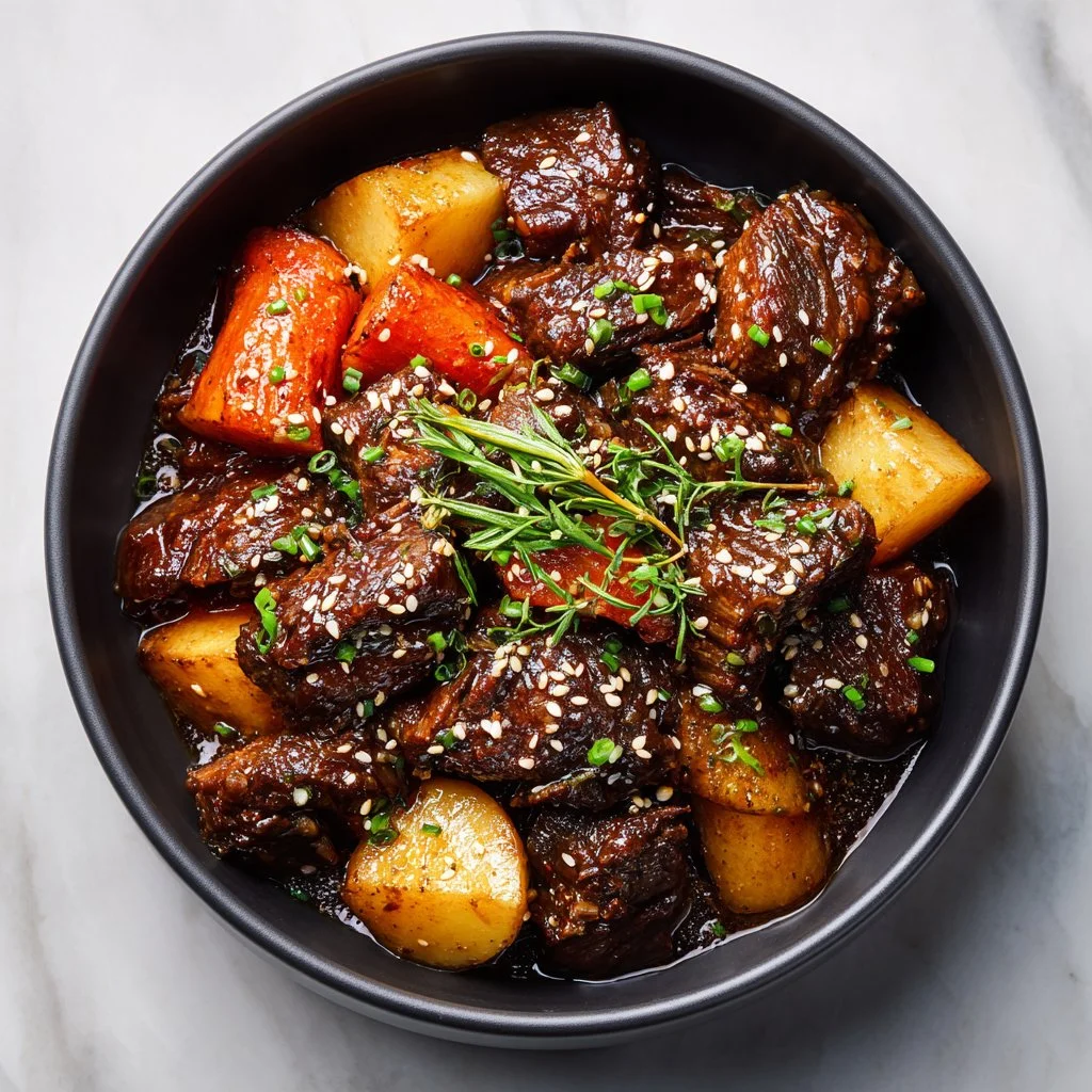 Korean style pot roast in a slow cooker, featuring tender beef and rich flavors.