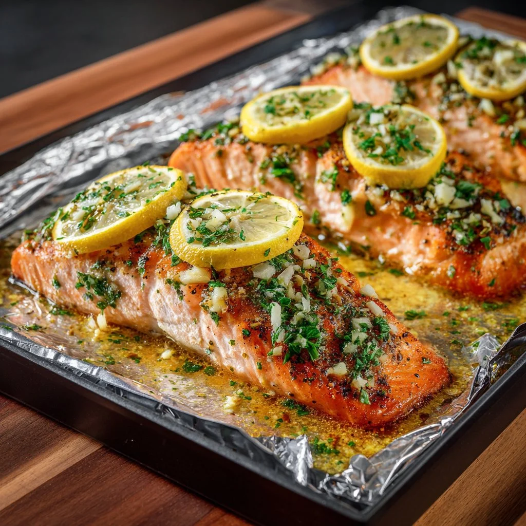 Lemon butter salmon fillet garnished with fresh herbs on a plate