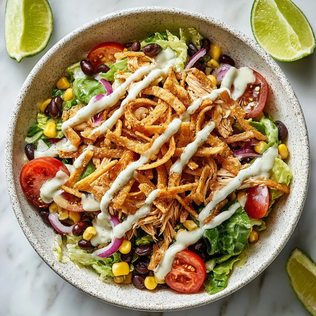 Loaded taco chicken salad with fresh vegetables and toppings.