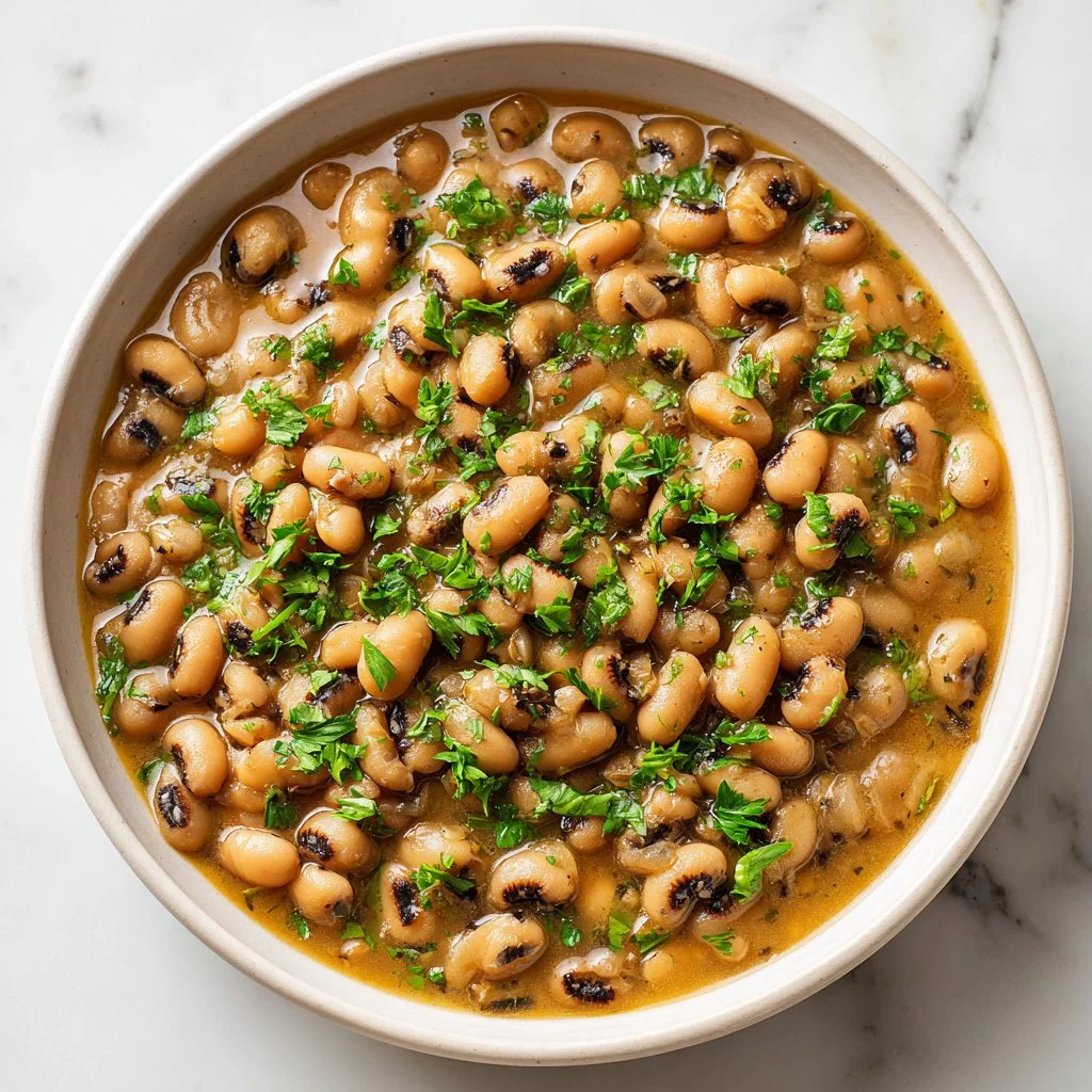 Bowl of lucky black-eyed peas cooked with spices for a flavorful boost.