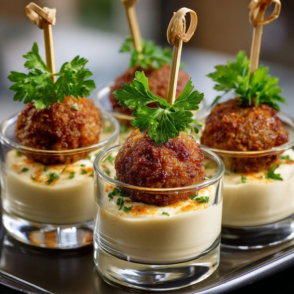 Mediterranean meatball appetizer served on a platter for a party