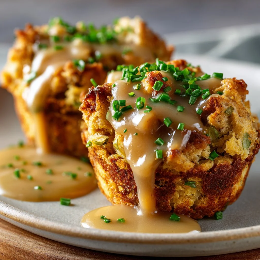 Muffin tin turkey stuffing cups perfect for Thanksgiving.