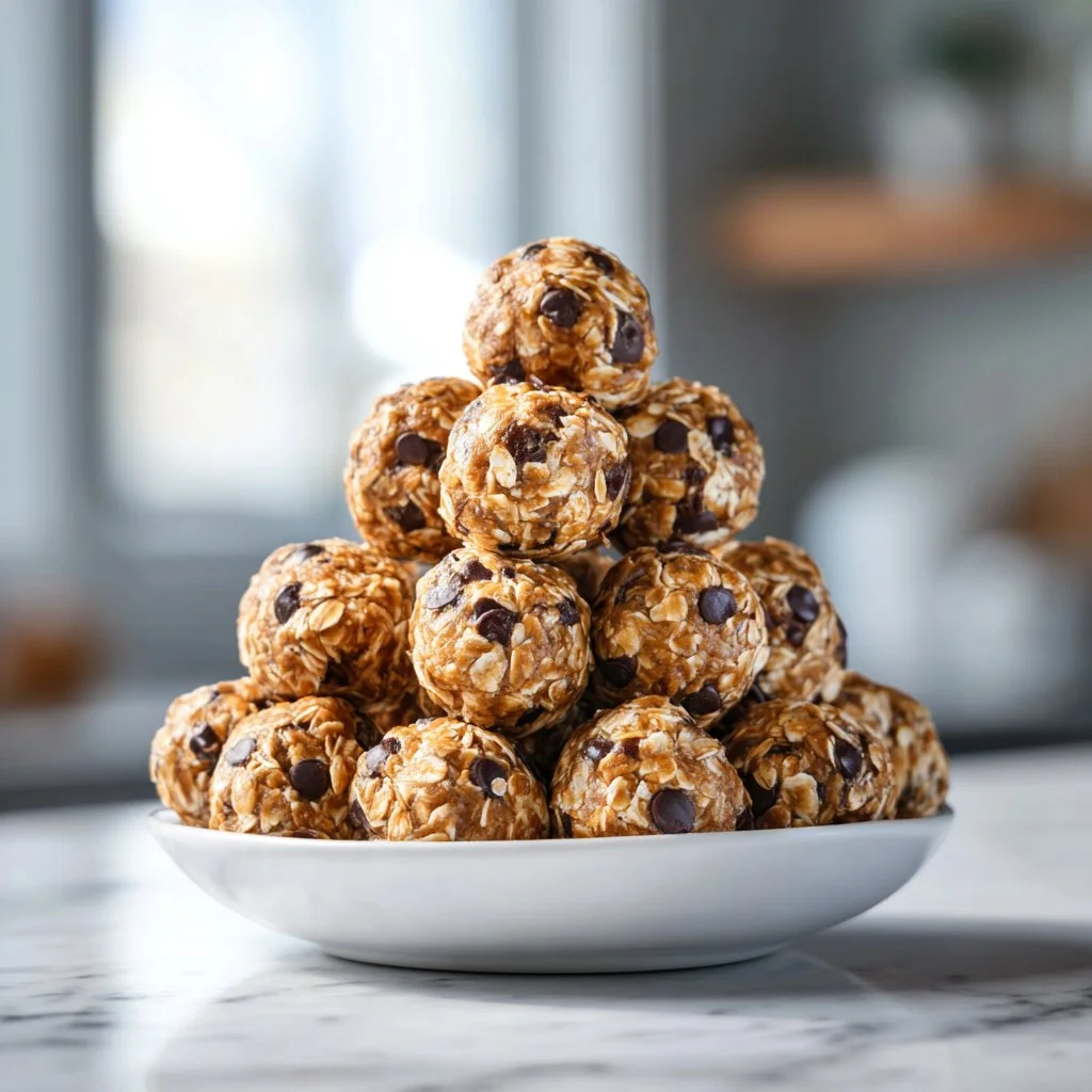 No-bake peanut butter protein energy bites on a plate