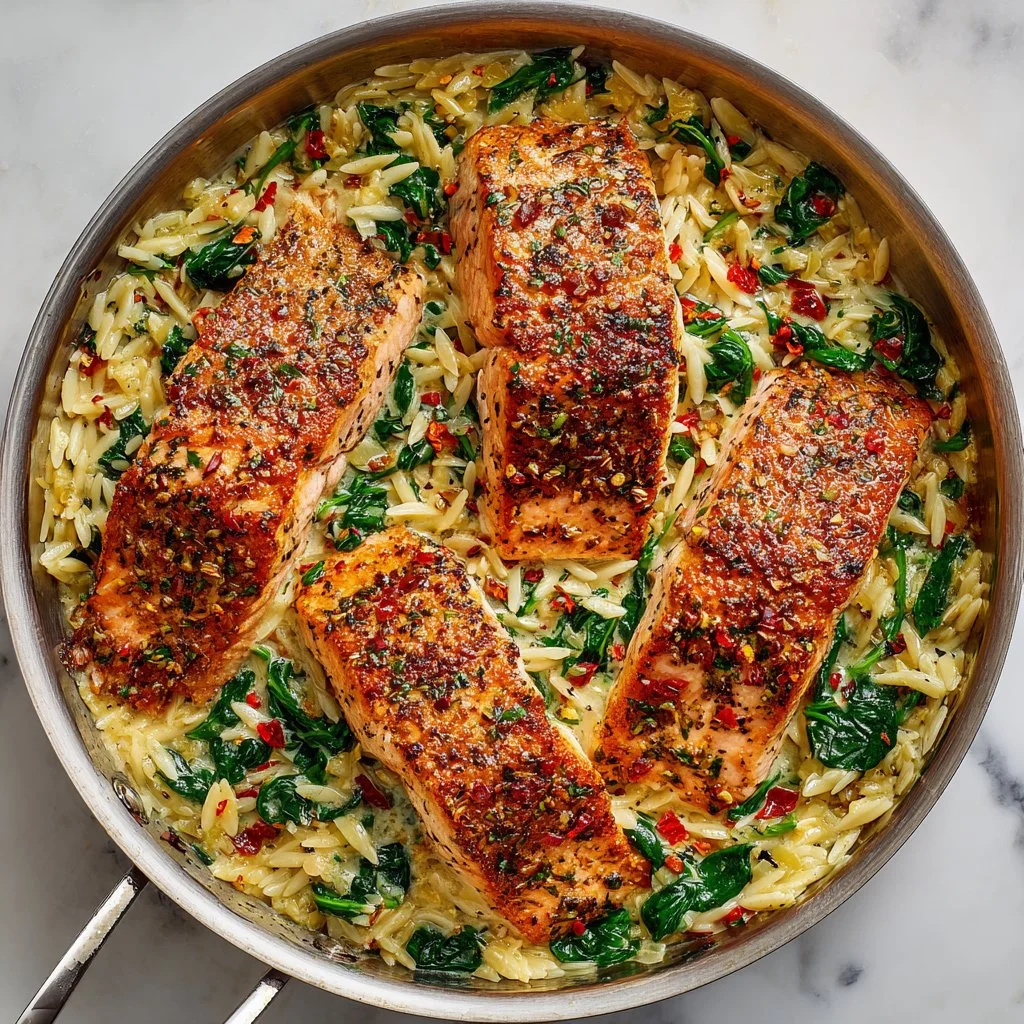 Delicious one-pan lemon orzo salmon dish with fresh ingredients