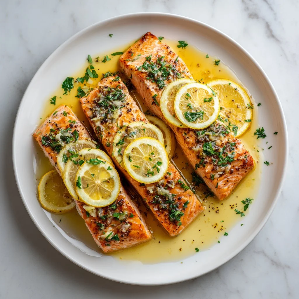 Delicious oven-baked salmon fillet on a plate with herbs and lemon