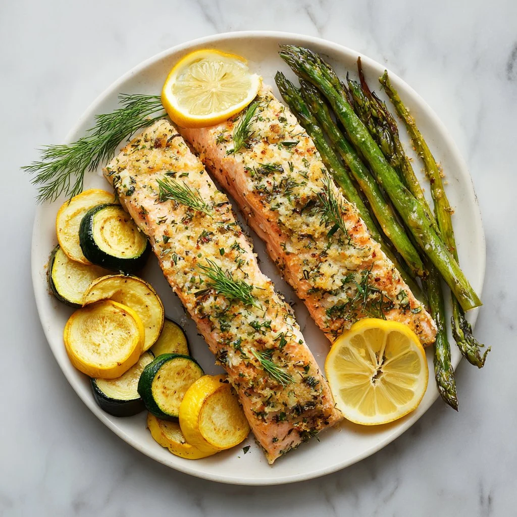 Delicious oven-roasted salmon on a plate garnished with herbs