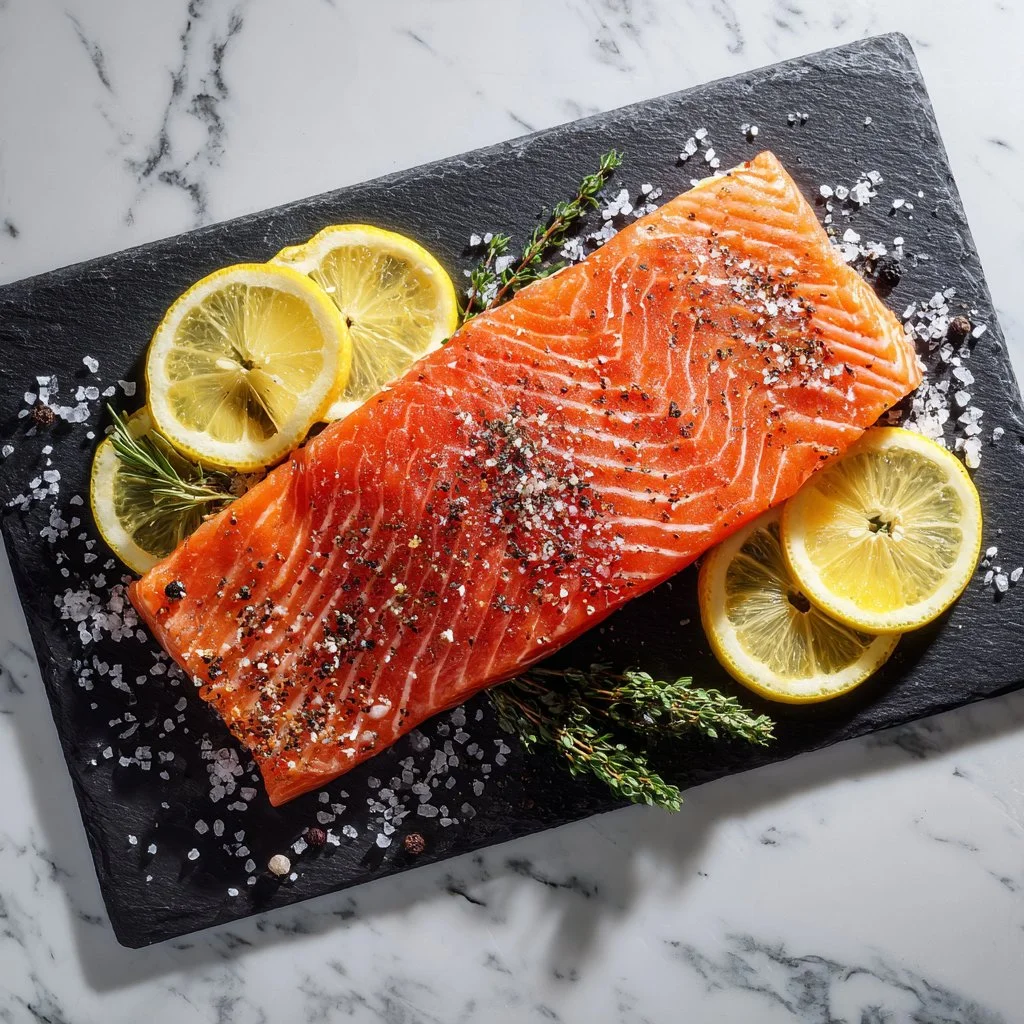 Homemade perfect smoked salmon on a wooden board with herbs and lemon.