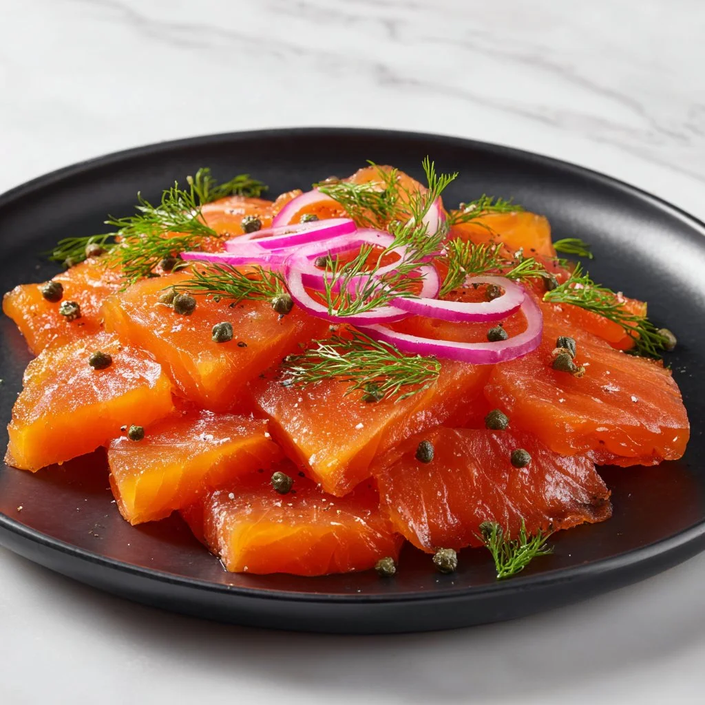 Delicious smoked salmon beautifully plated with fresh herbs.