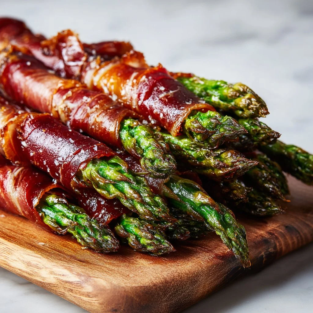 Prosciutto wrapped asparagus appetizer on a plate