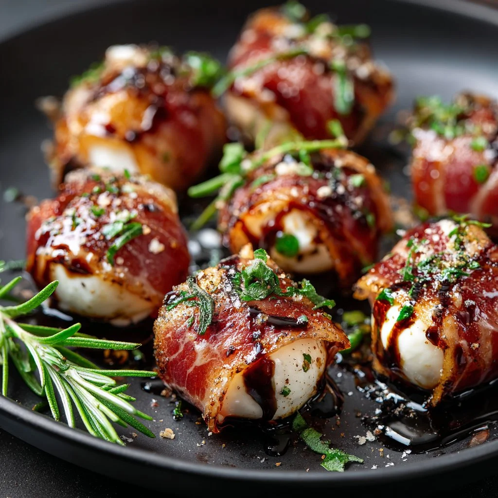Plate of prosciutto wrapped mozzarella bites garnished with herbs