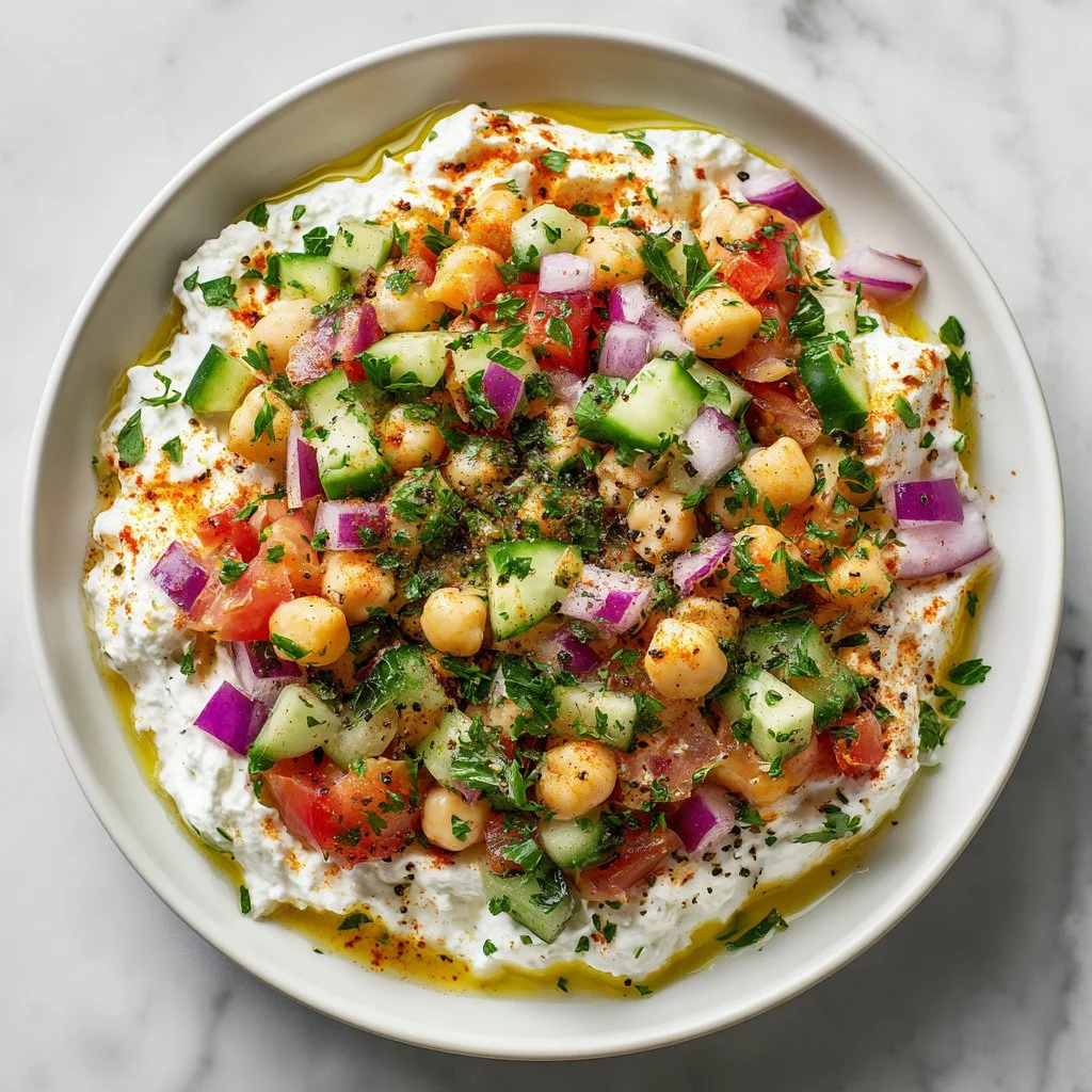 Protein-rich cottage cheese bowl with chickpeas and fresh vegetables