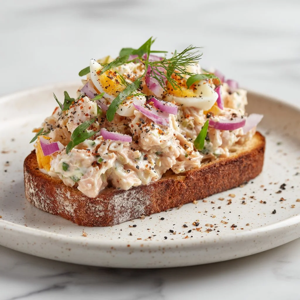 Protein-rich tuna egg salad in a bowl with fresh ingredients