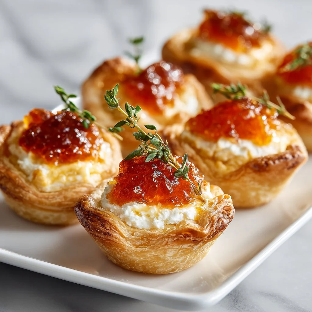 Puff pastry cups filled with cream cheese and pepper jelly on a serving platter