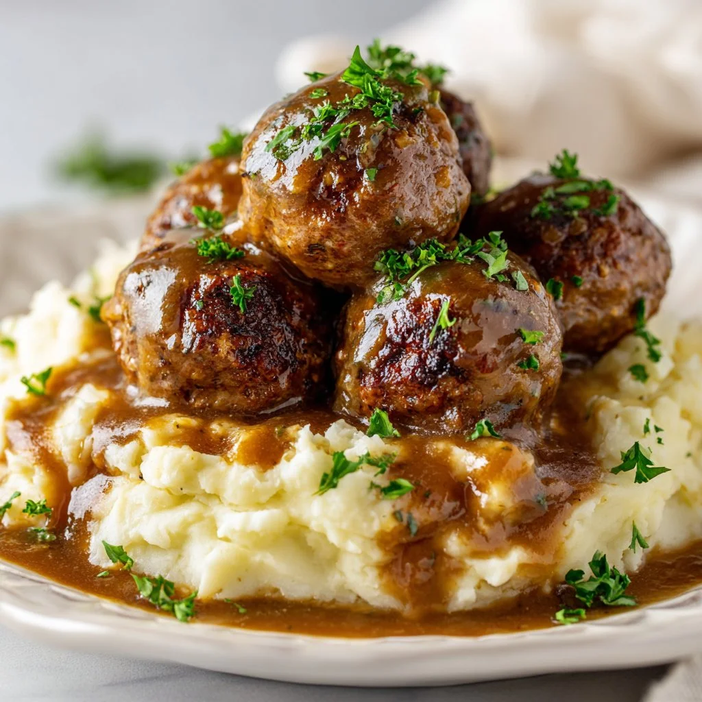 Quick and easy slow cooker Salisbury steak meatballs served on a plate.