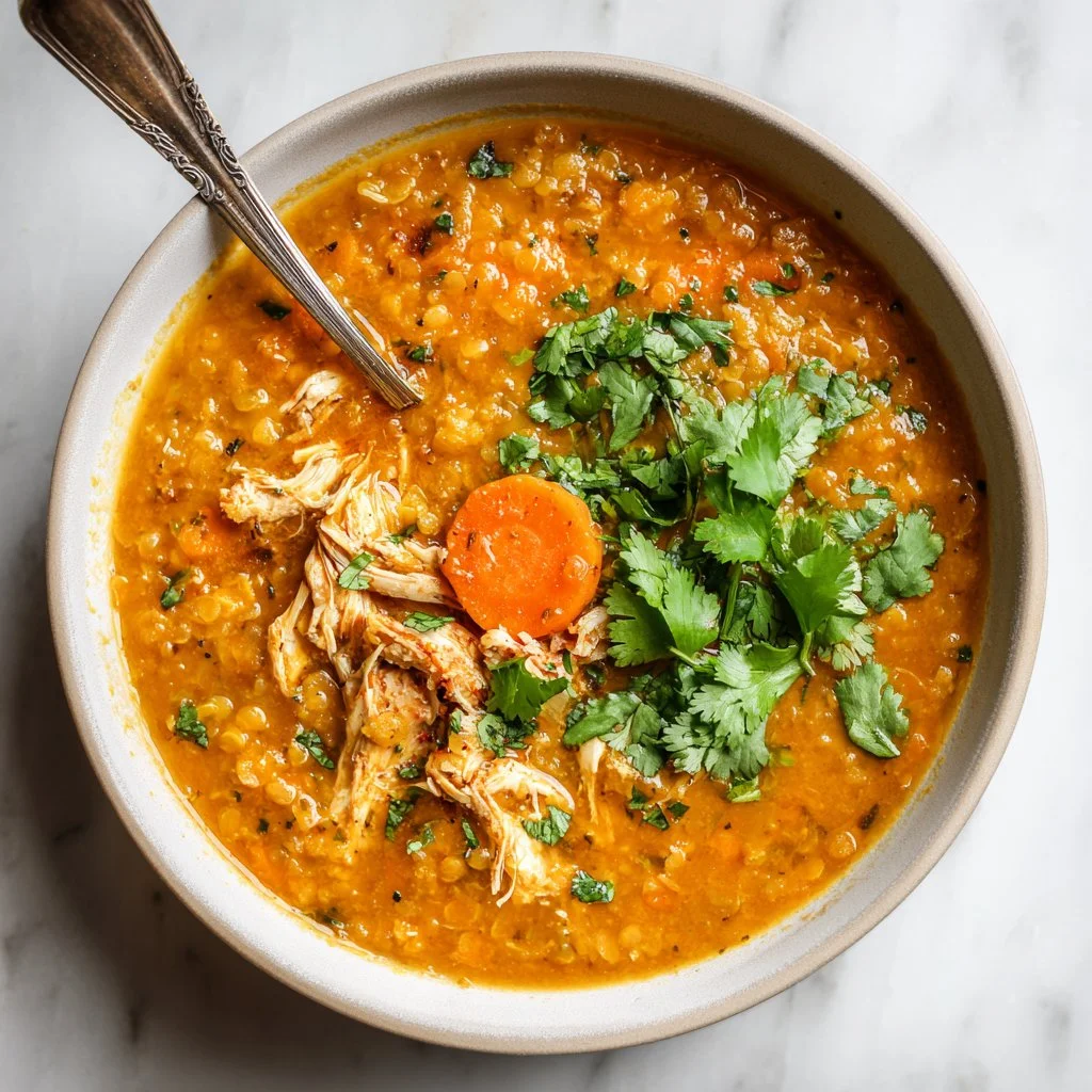 Bowl of Red Lentil Chicken Soup with fresh herbs and ingredients