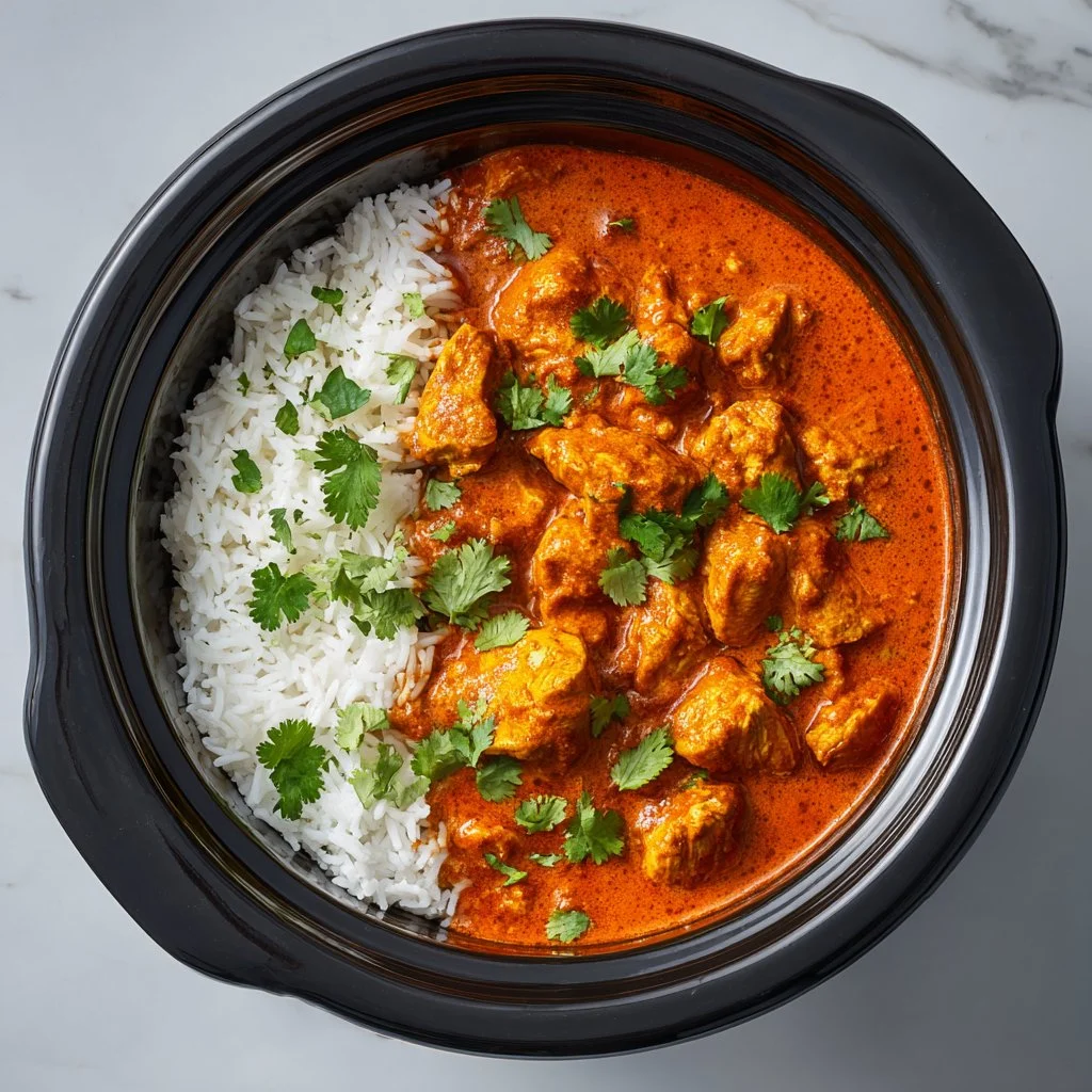 Delicious butter chicken served with rice and naan, perfect for cozy meals.