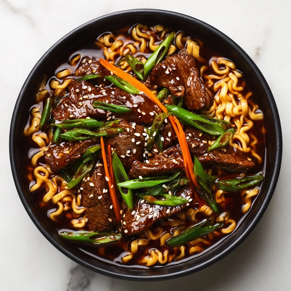 Delicious bowl of slow cooker beef ramen with fresh ingredients and rich broth.