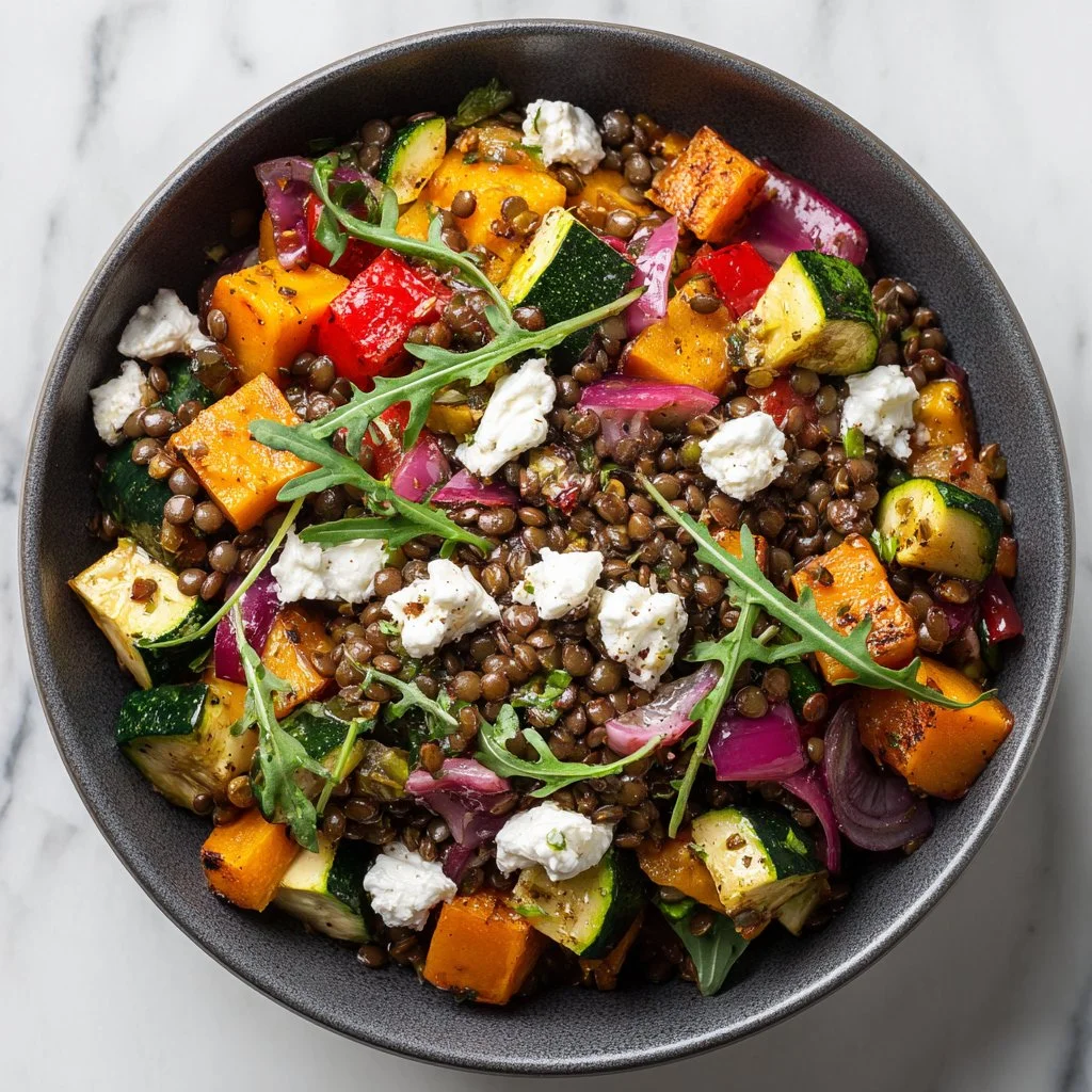 Colorful roasted veggie lentil salad served in a bowl
