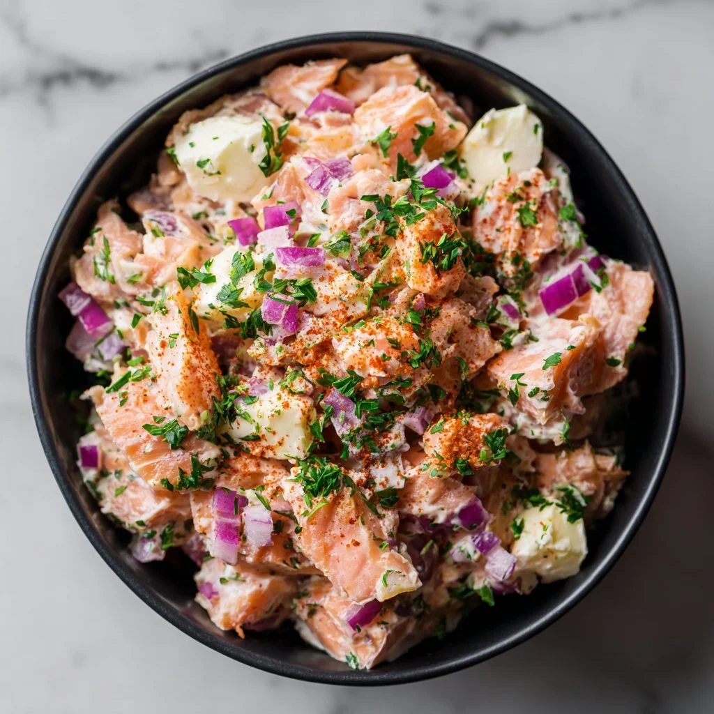 Delicious salmon salad served in a bowl, ideal for lunch or gatherings.