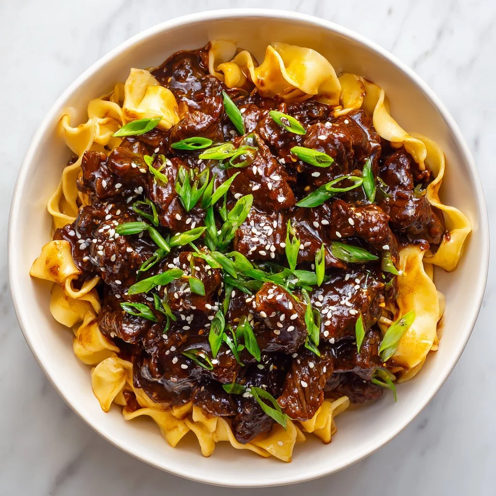 Bowl of savory slow cooker Korean beef noodles topped with green onions