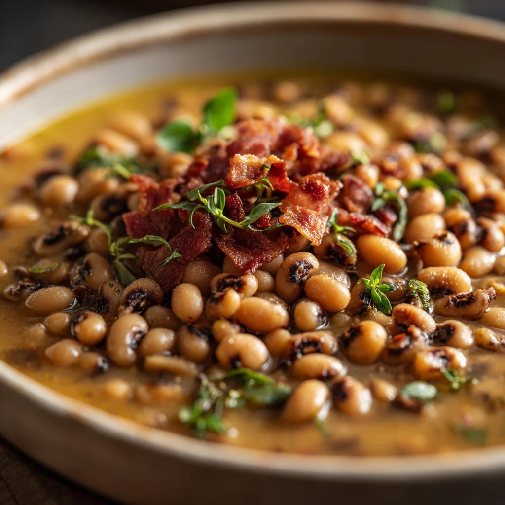 Savory Southern Black-Eyed Peas served in a bowl with spices and herbs