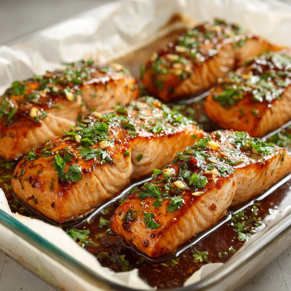 Simple and healthy baked salmon on a plate with vegetables