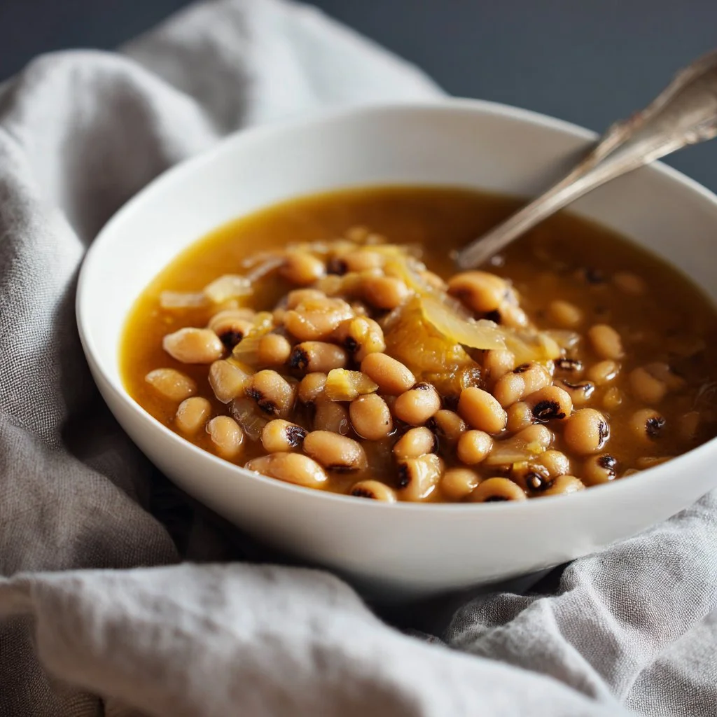 Delicious bowl of Simple & Cozy Vegan Black-Eyed Peas garnished with herbs.
