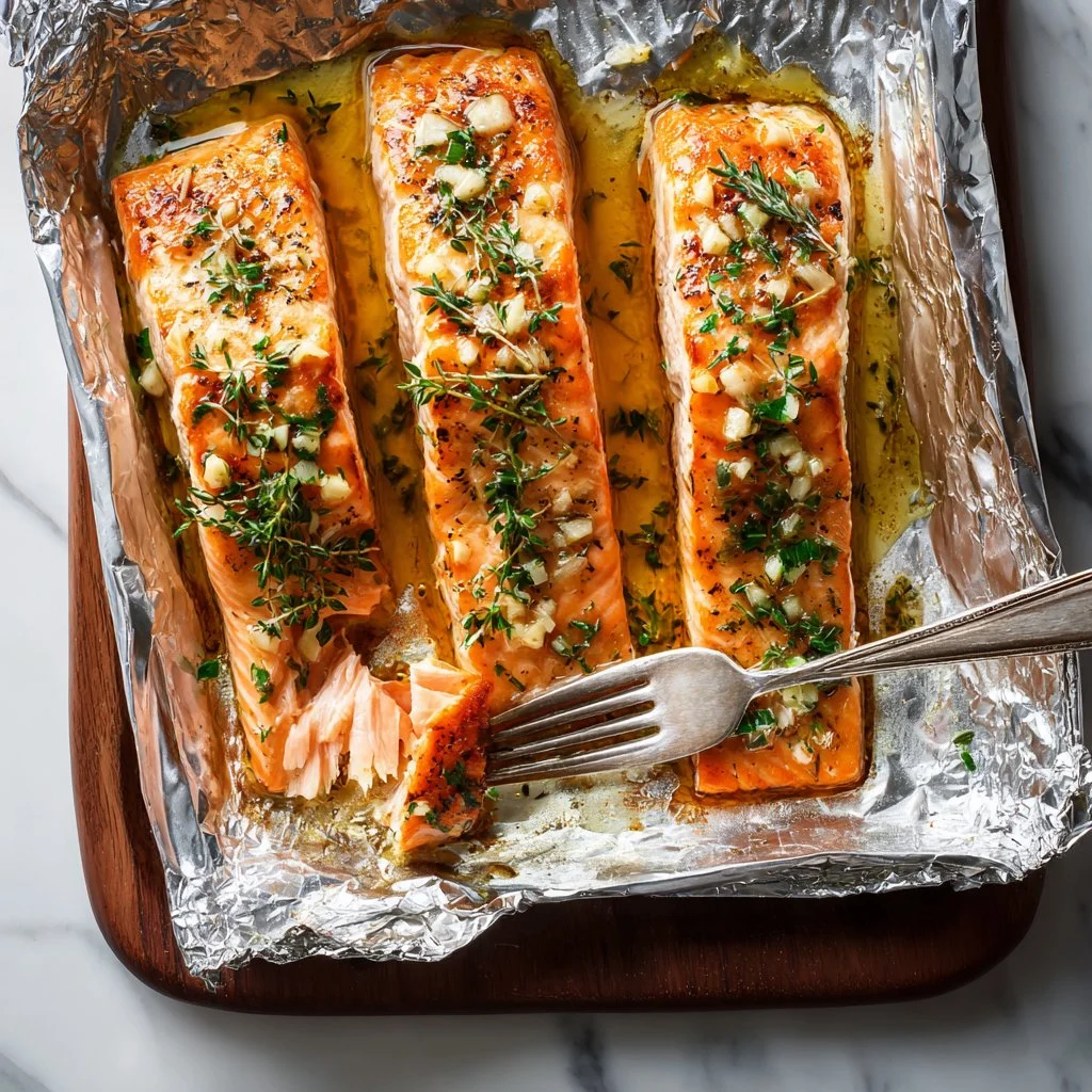 Plate of simple oven-roasted salmon with herbs and lemon.