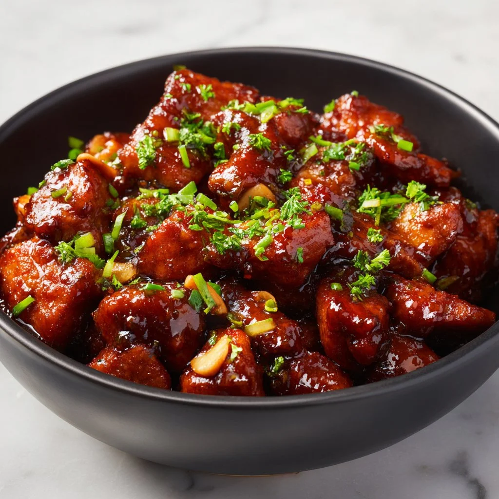 Delicious Simple Slow Cooker General Tso's Chicken in a bowl with rice and vegetables.