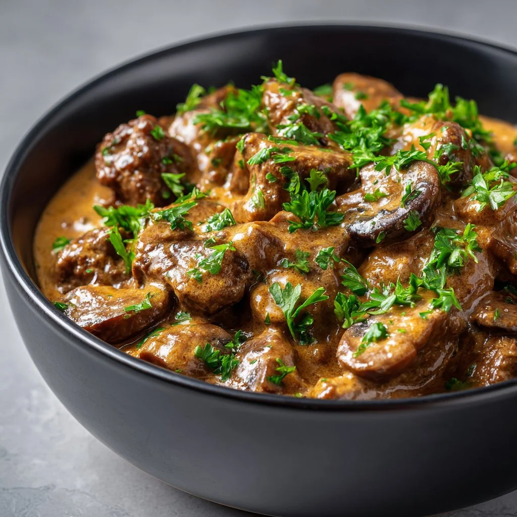 Delicious slow cooker beef stroganoff served in a bowl