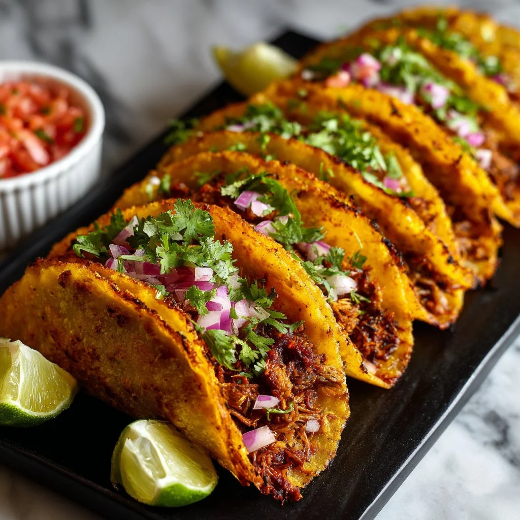 Delicious slow cooker birria tacos served with fresh toppings