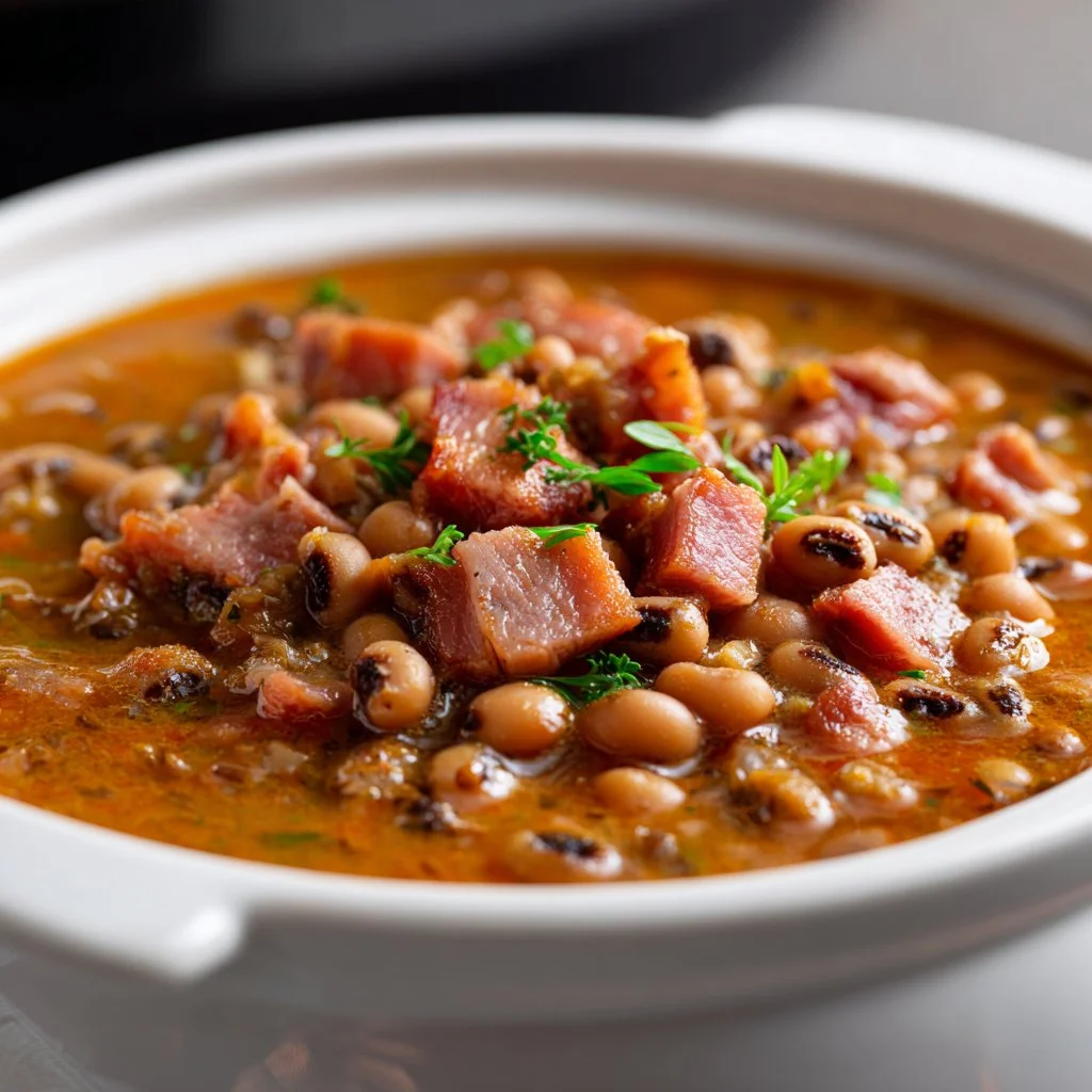 Bowl of slow cooker black-eyed peas ready to serve with spices and seasonings.