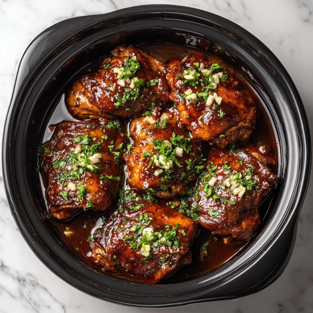 Slow cooker brown sugar garlic chicken served with vegetables on a plate