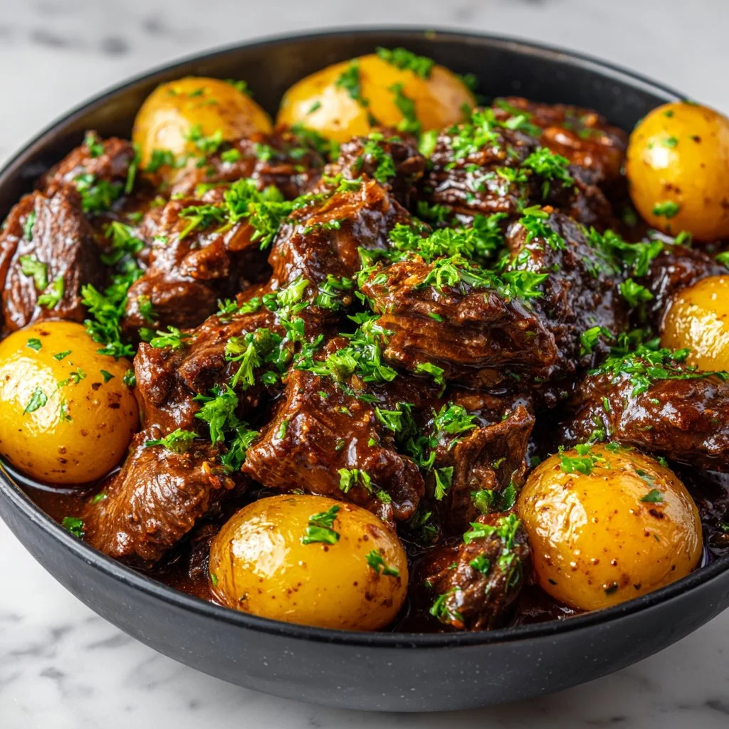 Slow Cooker Garlic Butter Beef with Potatoes dish served in a bowl