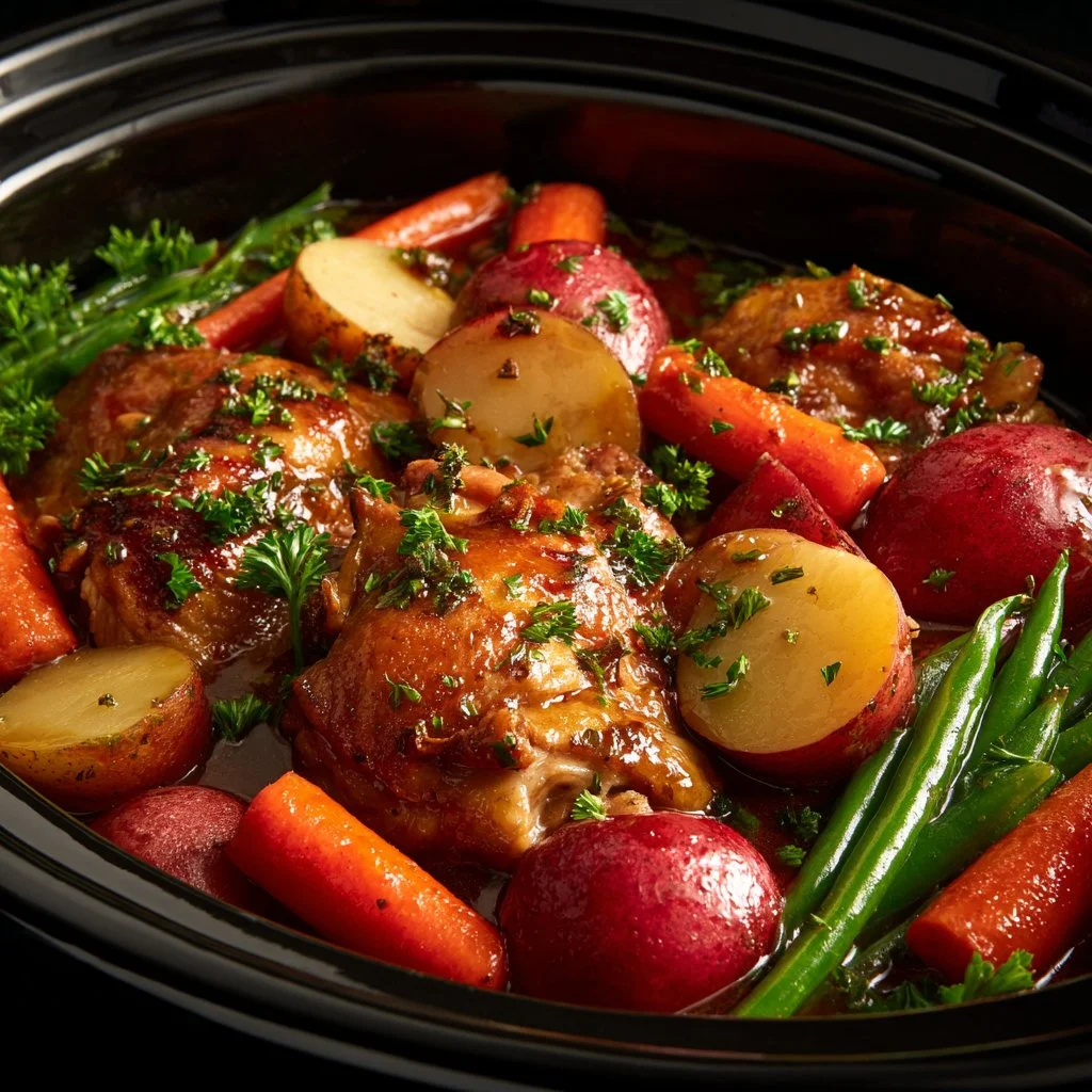 Slow cooker honey garlic chicken served with fresh veggies