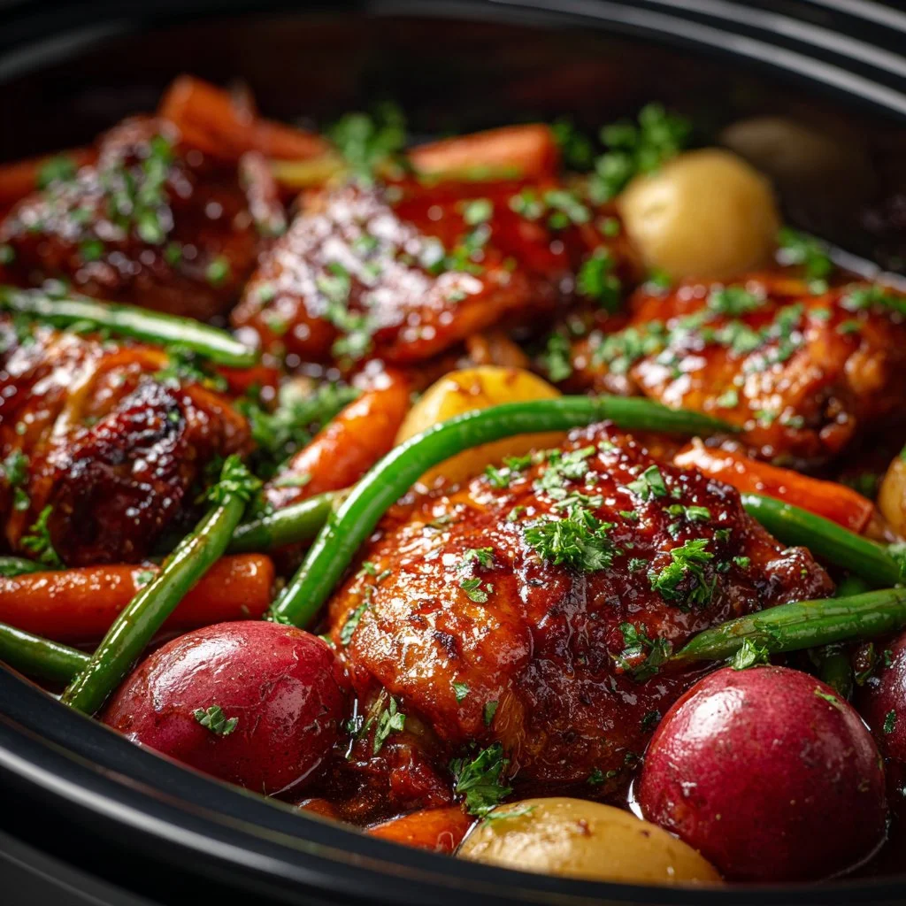 Slow Cooker Honey Garlic Chicken served with fresh vegetables