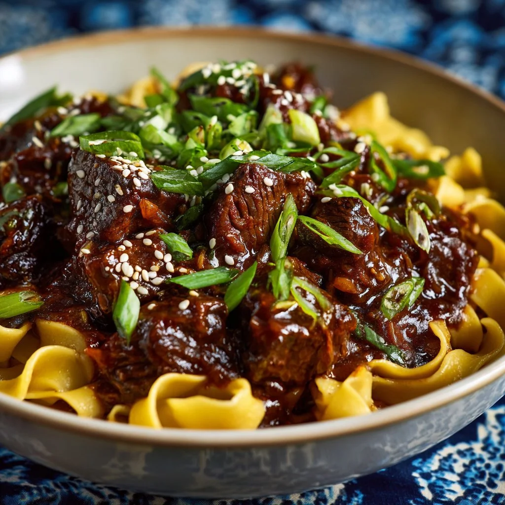 Delicious bowl of Slow Cooker Korean Beef Noodles with tender beef and fresh ingredients