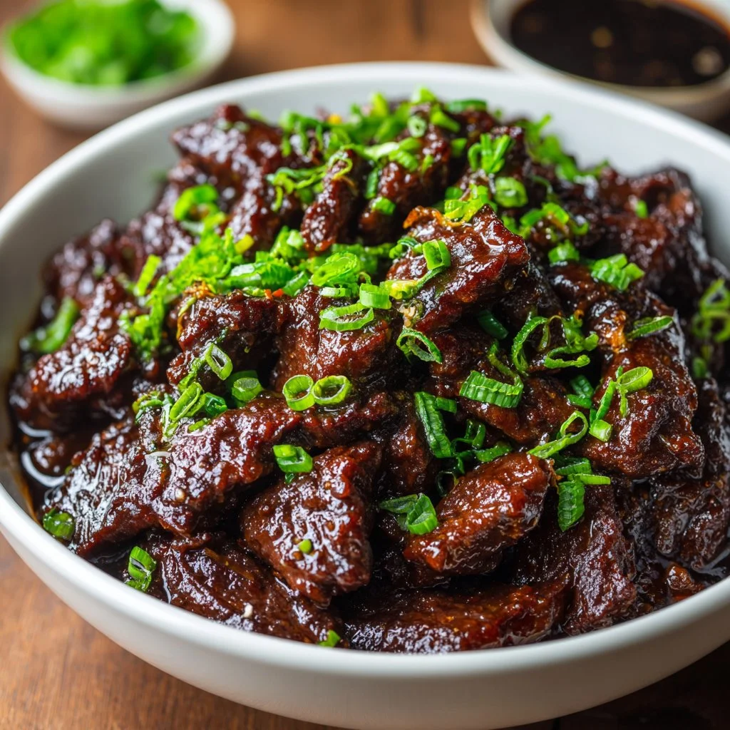 Delicious Slow Cooker Mongolian Beef served with rice and vegetables.