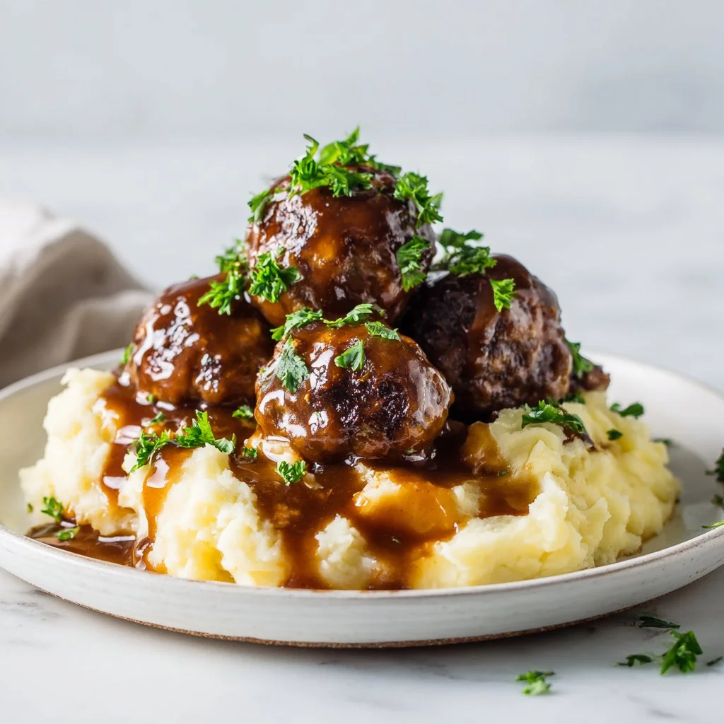Slow Cooker Salisbury Steak Meatballs served on a plate