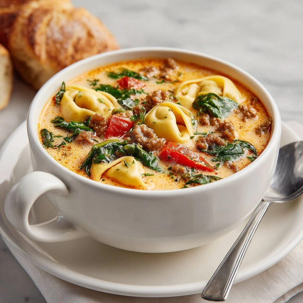 Bowl of slow cooker sausage tortellini soup with fresh herbs