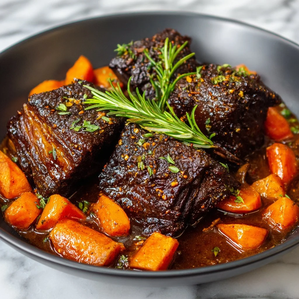 Slow cooker short ribs with rich sauce and garnished herbs