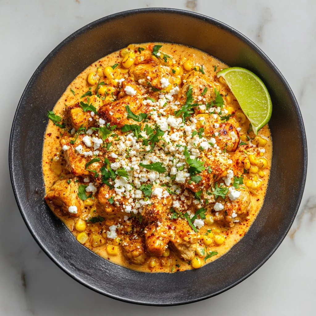 Slow Cooker Street Corn Chicken with vibrant corn and spices in a bowl