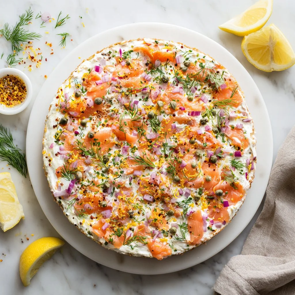 Smoked salmon bagel dip served in a bowl with bagel chips