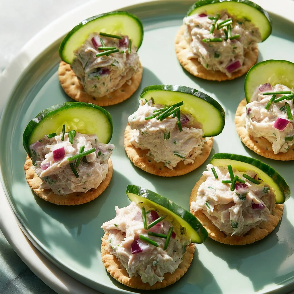 Plate of smoked tuna canapés garnished with herbs and lemon