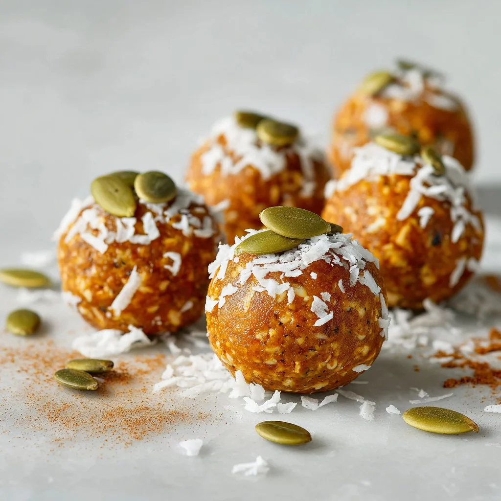 Batch of soft and healthy pumpkin protein balls on a wooden table