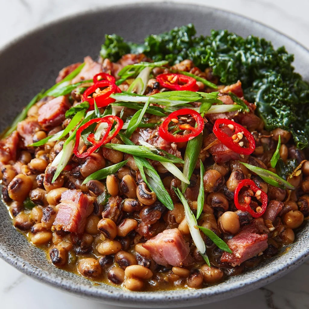 Bowl of Southern Black Eyed Peas garnished with herbs and spices