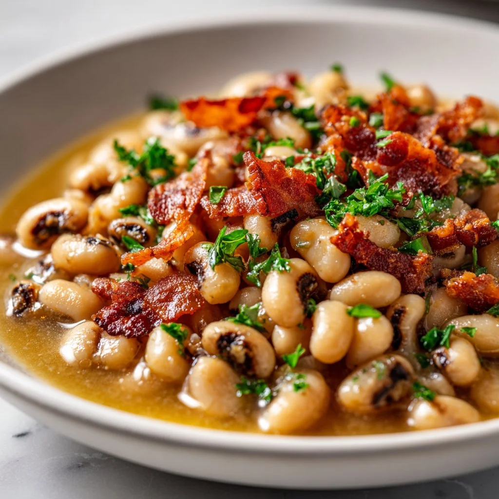 Southern-style Black Eyed Peas dish served with cornbread and greens