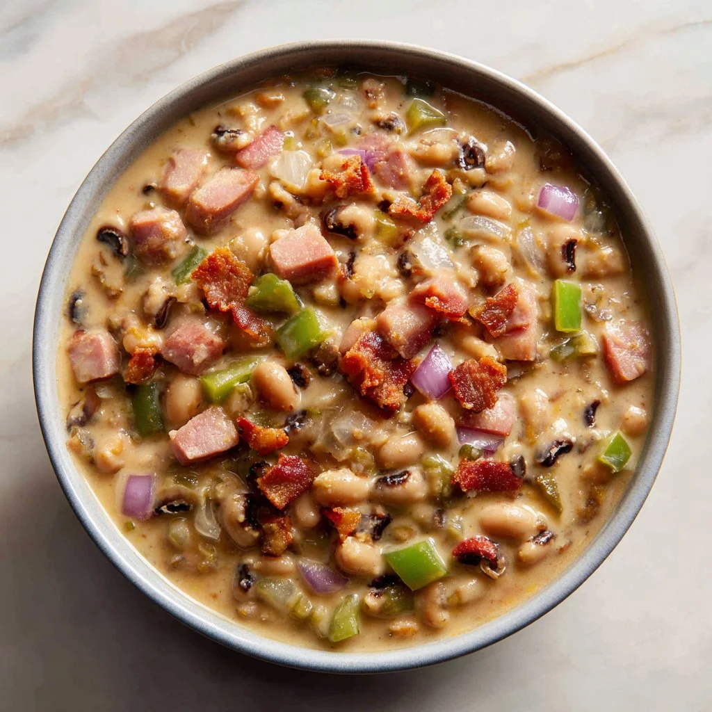 Delicious Southern black-eyed peas served in a rustic bowl with spices and herbs.