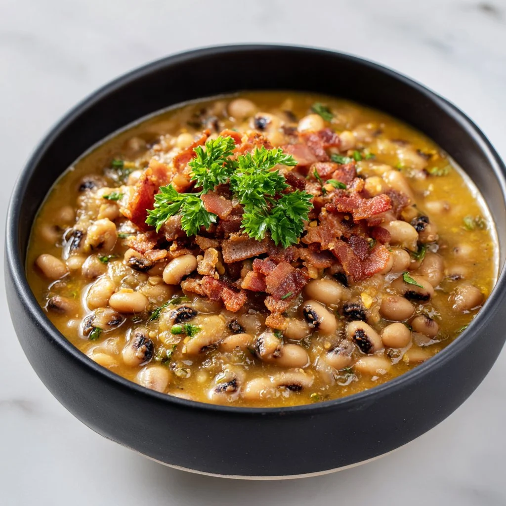 Bowl of Southern comfort black-eyed peas served with spices and herbs